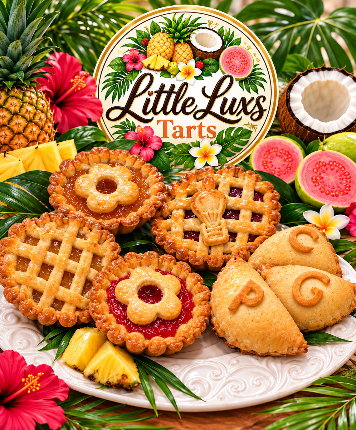 Little Luxs Tarts — guava lattice, pineapple and coconut tarts with hibiscus and plumeria